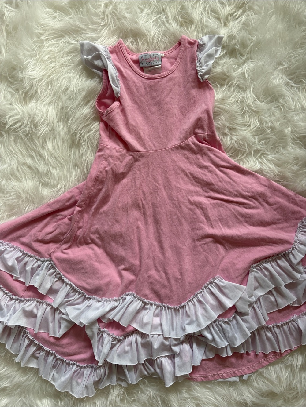 Girls Pink Ruffle Casual Dress with White Trim